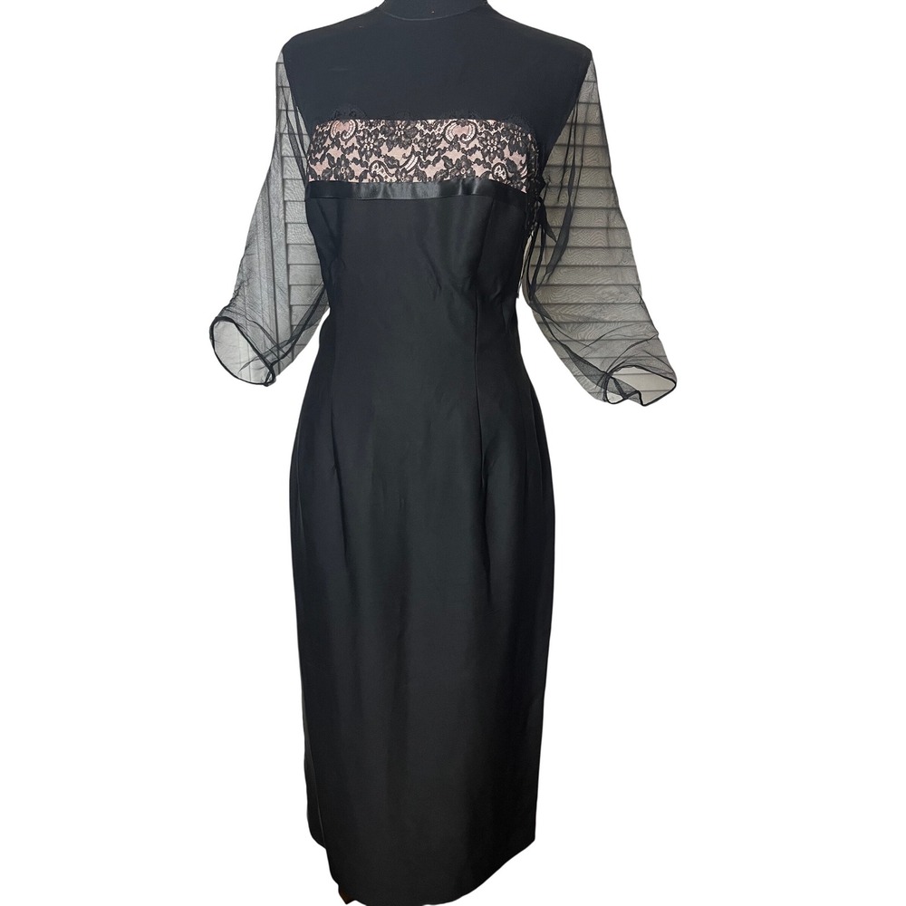 Vtg 50s cocktail dress black crepe lace illusion netting pink Lee Claire‎